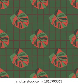 Simple exotic seamless monstera pattern. Chequered background. Doodle tropic artwork in green and red tones. Perfect for wallpaper, textile, wrapping paper, fabric print. Vector illustration.