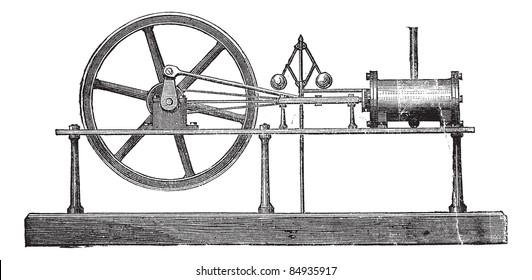 Simple Expansion Steam Engine, Vintage Engraved Illustration. Trousset Encyclopedia (1886 - 1891).