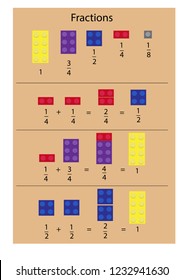 Simple explanation of Fractions theme using blocks. Mathematical worksheet or skills training visual puzzle for schoolchildren and adults.  Educational game. Vector illustration.