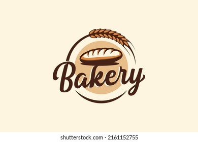 a simple, eye catching, and delicious bakery logo with a bread and wheat.