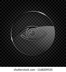 simple eye icon. Icon in circle glass bubble on dark transparent grid. Glass style