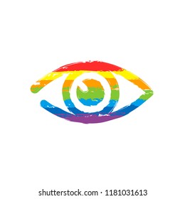 simple eye icon. Drawing sign with LGBT style, seven colors of rainbow (red, orange, yellow, green, blue, indigo, violet