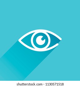 simple eye icon. Gray icon with long shadow in bottom left corner on blue background