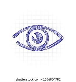 simple eye icon. Hand drawn sketched picture with scribble fill. Blue ink. Doodle on white background
