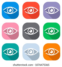 simple eye icon. Set of white icons on colored squares for appli