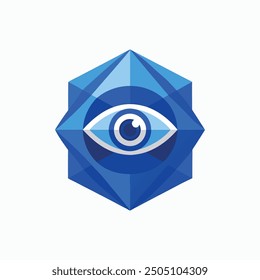 Imagen simple del logotipo del ojo. Forma geométrica azul con el globo ocular aislado en el fondo dual. Plantilla de diseño de logotipo de Vector plano 