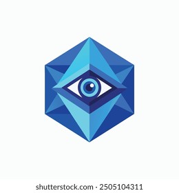 Imagen simple del logotipo del ojo. Forma geométrica azul con el globo ocular aislado en el fondo dual. Plantilla de diseño de logotipo de Vector plano 