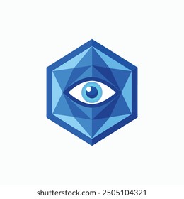 Imagen simple del logotipo del ojo. Forma geométrica azul con el globo ocular aislado en el fondo dual. Plantilla de diseño de logotipo de Vector plano 