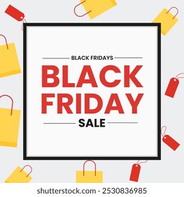 A simple and eye-catching Black Friday sale banner featuring shopping bags at the bottom with bold text 'Black Friday Sale' on top. The design highlights the discount message using vibrant colors