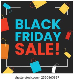 A simple and eye-catching Black Friday sale banner featuring shopping bags at the bottom with bold text 'Black Friday Sale' on top. The design highlights the discount message using vibrant colors