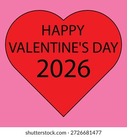 Um design simples e atraente em forma de coração do Dia dos Namorados 2026 com texto em negrito sobre um fundo rosa. Perfeito para cartões de felicitações, postagens de mídias sociais, banners, cartazes, promoções românticas e celebrações com tema de amor.