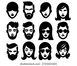 Iconos de avatar de cara simple. Conjunto de iconos de la cara femenina y masculina en estilo blanco y negro adecuado para perfiles y otros.