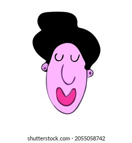 Simple face of fashion woman with hairstyle of black hair in colored doodle style isolated on white. Vector character of people doodle Naive Art collection.