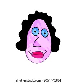 Simple face of funny woman with short curly black hair in colored doodle style isolated on white. Vector character of people doodle Naive Art collection.