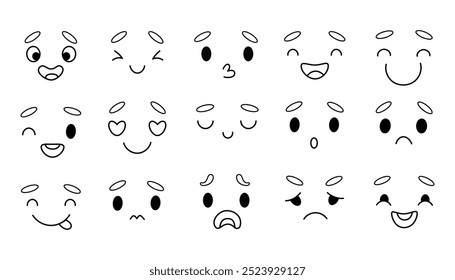 Simple face impression doodles. Facial emotions, happiness, joy, surprise, sorrow, laughter, sadness. Isolated vector hand drawn for design and decoration.