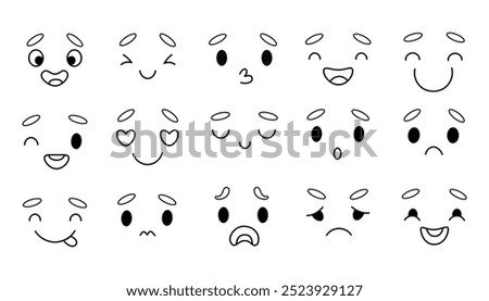 Simple face impression doodles. Facial emotions, happiness, joy, surprise, sorrow, laughter, sadness. Isolated vector hand drawn for design and decoration.