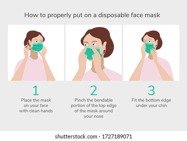 Simple face mask instruction showing step by step guide how to properly put on a disposable mask.