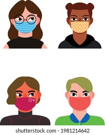 simple face mask wearing avatar, People avatar big bundle set. User pic, different human face icons for representing person in a video game, Internet forum, account. Vector flat style cartoon 