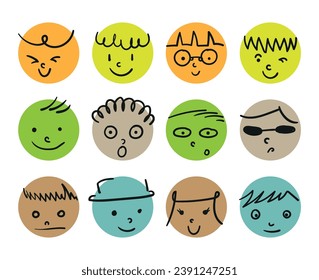 Simple faces with various emotions Cartoon style. Hand drawn vector illustration