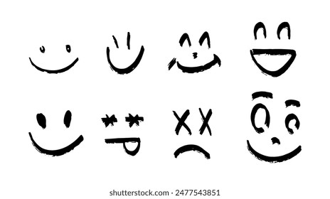  Caras simples. Vector feliz Doodle sonrisa, emoticones de dibujos animados establecidos en el fondo blanco. Sentimiento alegre y alegre