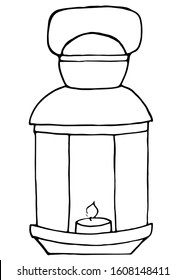 Simple faceted lantern with a candle and a pen. Magic lamp from children's fairy tales, design element for lightening. Hand drawn by black pen on white background, isolated vector stock image. 