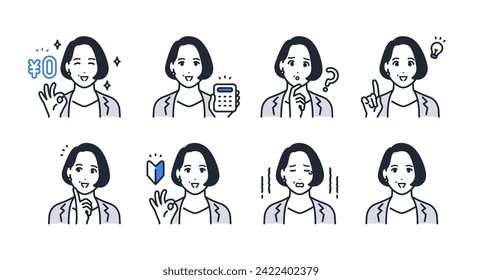 Icono de expresión facial simple conjunto de material del gerente femenino