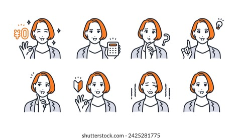 Ilustración simple del icono de la expresión facial fijó el material de la gerente femenina