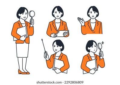 Simple facial expression illustration set material of a young business woman