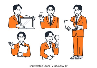 Simple facial expression illustration set material of a young man wearing a suit