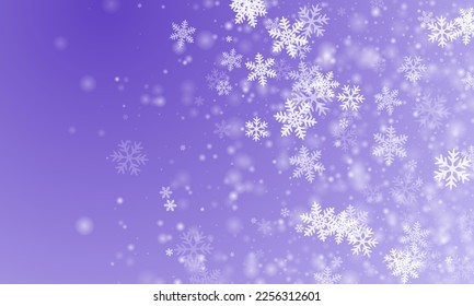La caída simple de la nieve tiembla la ilustración. Partículas congelantes de la mota de nieve. El clima de nieve es el fondo morado blanco. Vector de navidad de copas de nieve planas. Paisaje de la estación fría de nieve.