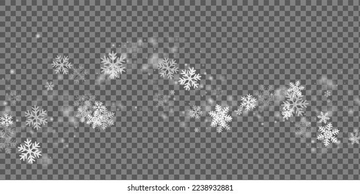 Simple falling snowflakes composition. Winter dust freeze granules. Snowfall sky white transparent background. Many snowflakes new year theme. Snow hurricane landscape.