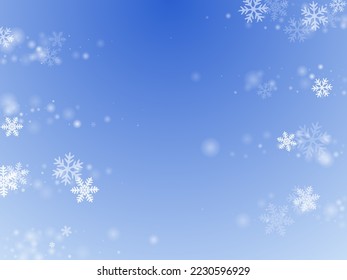 Simple falling snowflakes wallpaper. Wintertime dust frozen shapes. Snowfall sky white blue background. Shimmering snowflakes christmas theme. Snow hurricane landscape.