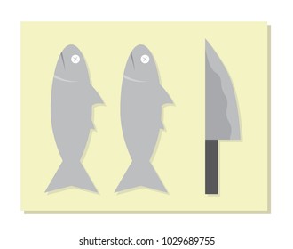 simple falt design of fish meal cut with knife for food sashimi with square background