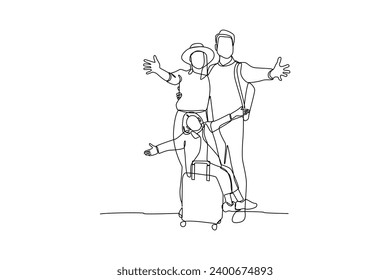 Simple family going to holiday, simple continuous line drawing of happy family minimalist concept. Family vacation.