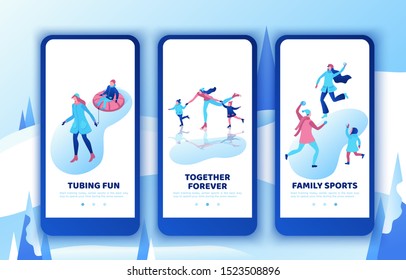Simple family mobile app template set, vertical layout, smartphone ui design, isometric minimal people playing outdoor snow games, mother, daughter ice skating, happy kids, 3d vector winter sports