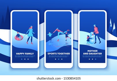 Simple family mobile app template set, vertical layout, smartphone ui design. isometric minimal people on tubing. making snowman, mother, daughter ice skating, happy kids, vector winter sports