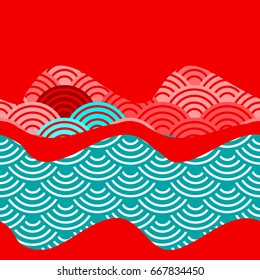 simple fan background with Chinese wave circle seamless pattern Teal blue red pink colors card design. Vector