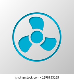 Simple fan or cooler, icon in circle. Paper design. Cutted symbol with shadow