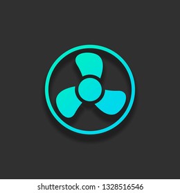 Simple fan or cooler, icon in circle. Colorful logo concept with soft shadow on dark background. Icon color of azure ocean