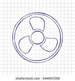 Simple fan or cooler, icon in circle. Hand drawn picture on paper sheet. Blue ink, outline sketch style. Doodle on checkered background
