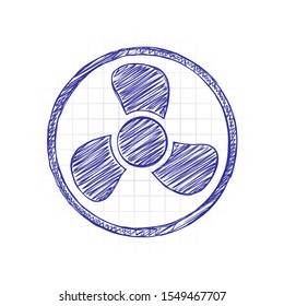 Simple fan or cooler, icon in circle. Hand drawn sketched picture with scribble fill. Blue ink. Doodle on white background