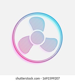 Simple fan or cooler, icon in circle. Colored logo with diagonal lines and blue-red gradient. Neon graphic, light effect