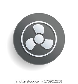 Simple fan or cooler, icon in circle. White paper symbol on gray round button or badge with shadow