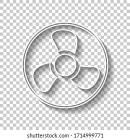 Simple ventilador o refrigerador, icono en círculo. Signo de esquema blanco con sombra sobre fondo transparente