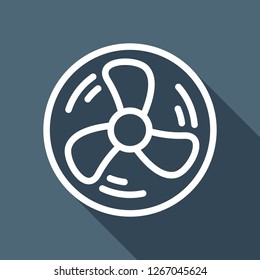 Simple fan or cooler, outline linear icon in circle. White flat icon with long shadow on blue background