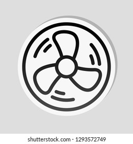 Simple fan or cooler, outline linear icon in circle. Sticker style with white border and simple shadow on gray background