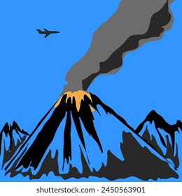 Simple fan image of volcanic eruption and airplane from above. Eruption without explosion and lava blasting into the sky. The lava simply flows over the edge of the volcano and flows down Emitting