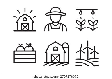 Iconos simples de granjas que representan Elementos de la vida rural, la agricultura y el tiempo de cosecha.