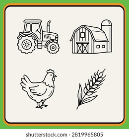 Simple farm illustration showing tractor, barn, chicken, and wheat