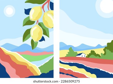 Simple farm landscape banner set with branch of lemon fruit. Liflet, cover, invitation, interior poster, davertising material. Modern abstract. Minimalistic shapes.